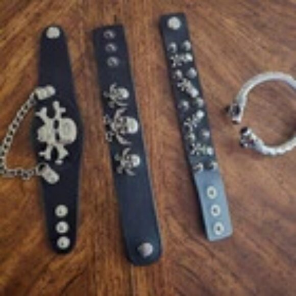 Lot of (4) Rock/Punk/Goth/Metal Leather Style Skull Wristbands/Bracelets - Picture 1 of 9